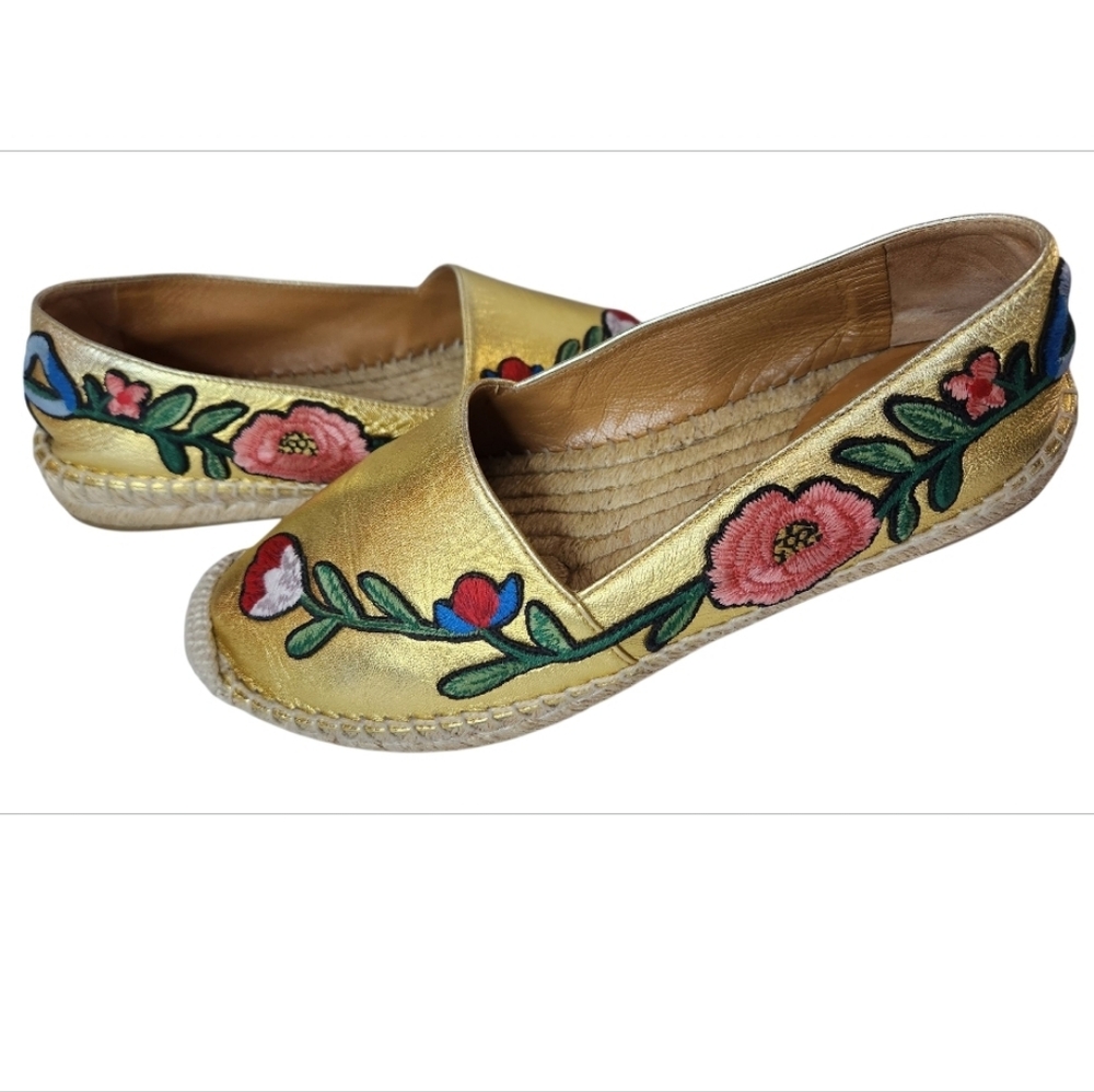 GUCCI  Pilar Leather Floral Embroidered Espadrilles Gold  Size 37.5 EU - Picture 16 of 16